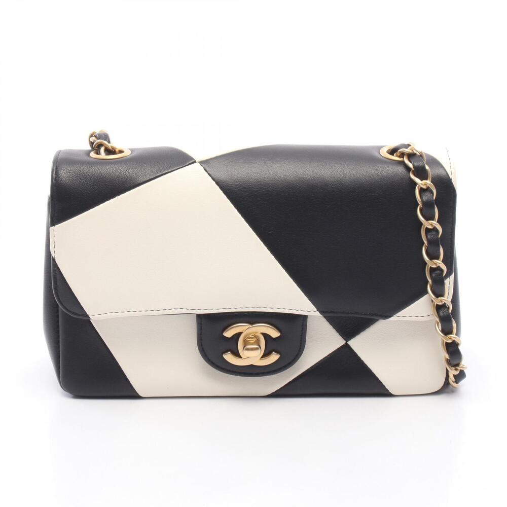 Chanel Shoulder Bag Lambskin Sheepskin Black White